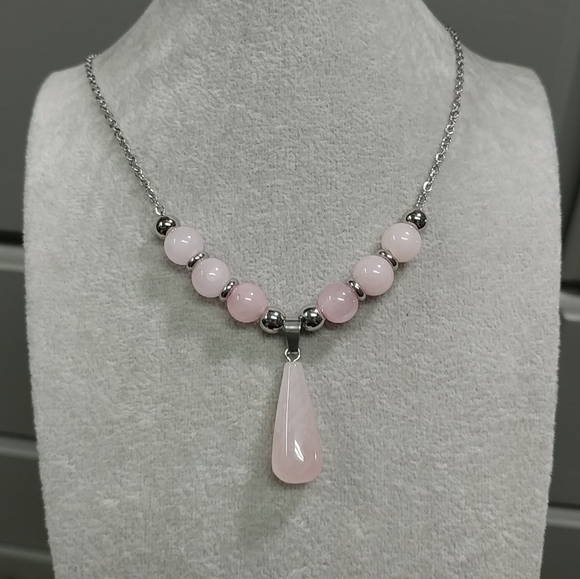 Rose Quartz Beaded Necklace Natural Gemstone Crystal Pendant Stainless-Steel - Picture 8 of 14